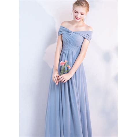 Pretty Dusty Blue Off Shoulder Pleated Chiffon Long Bridesmaid Dress ...