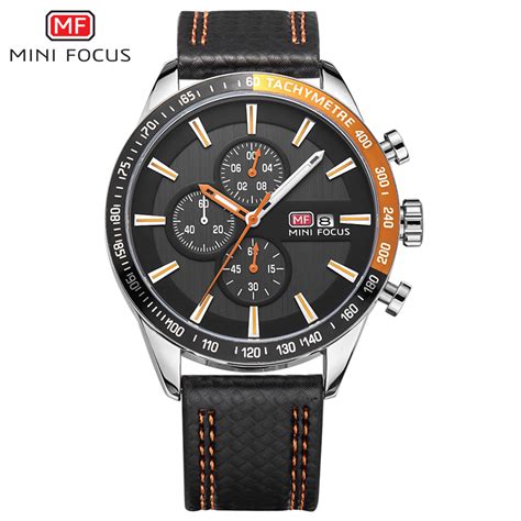 MINI FOCUS Men's Watch Chronograph Quartz Sports Watch Leather Strap ...