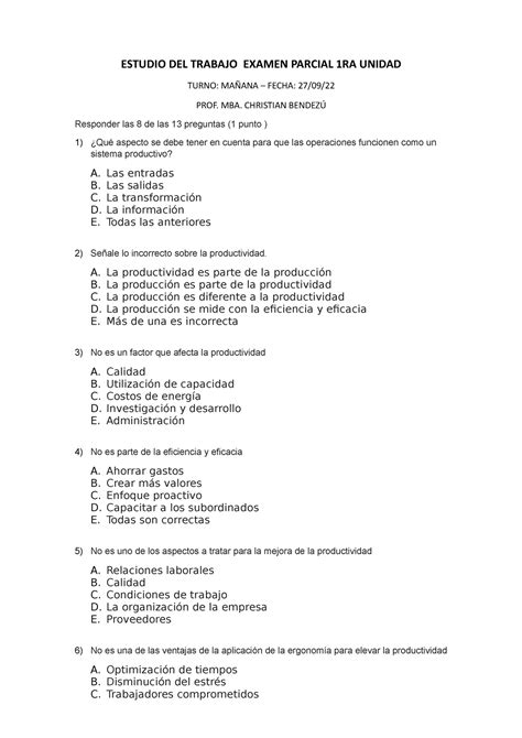 UCV Examen Parcial Estudio DEL Trabajo 1RA Unidad ESTUDIO DEL TRABAJO