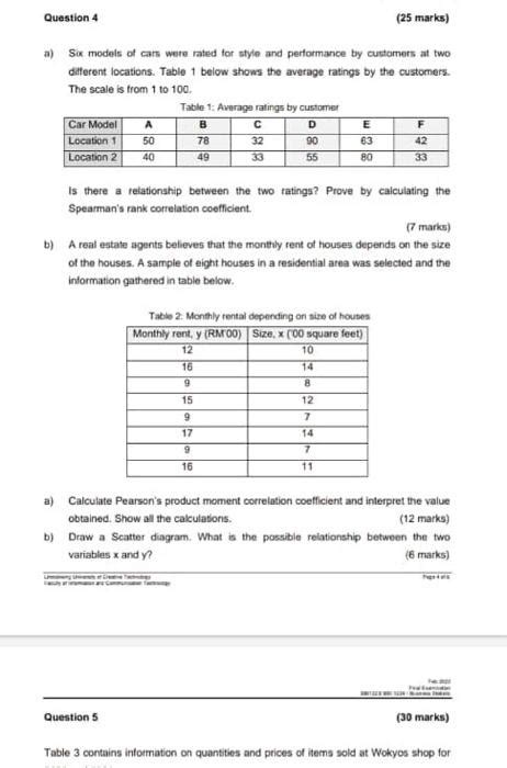 Solved Question 4 25 Marks A Six Models Of Cars Were