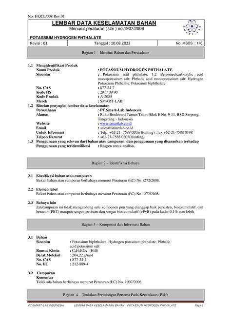 Msds LEMBAR DATA KESELAMATAN BAHAN Menurut Peraturan UE No