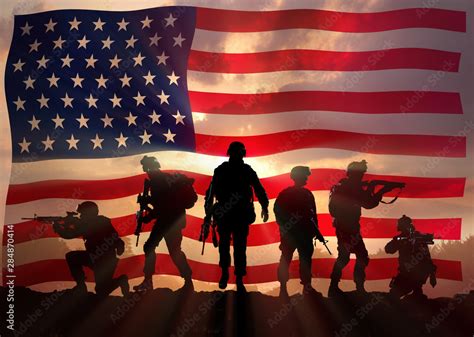 Six military silhouettes against the American flag Stock Photo | Adobe Stock