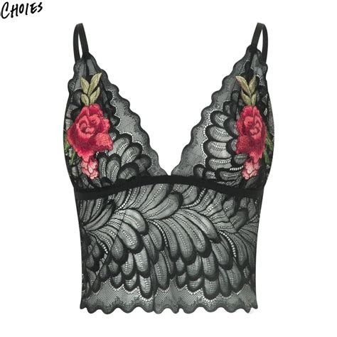 Black Deep V Neck Halter Embroidery Floral Backless Lace Bralet Summer Semi Sheer Sexy Women