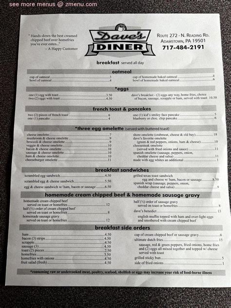Online Menu Of Daves Diner Restaurant Reinholds Pennsylvania 17569