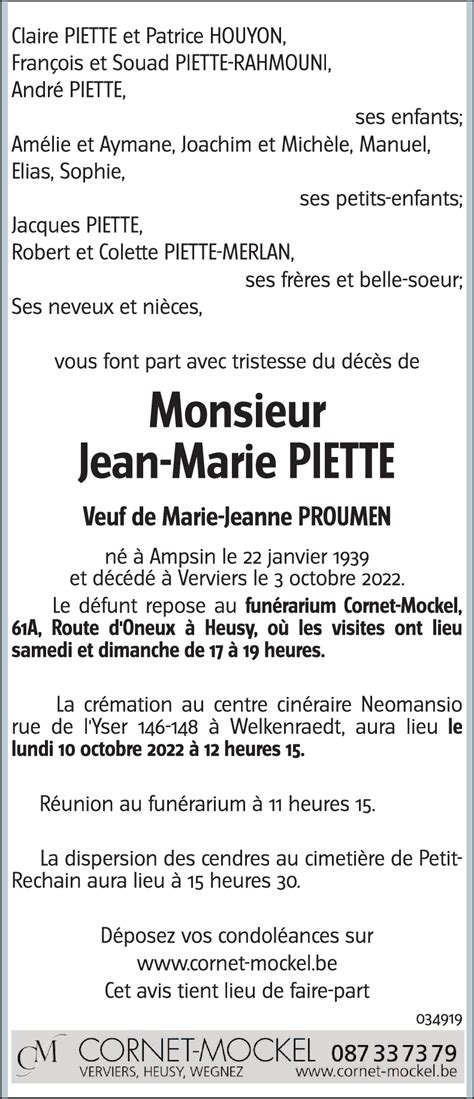 Avis De Décès De Jean Marie Piette Décédé Le 03102022 à Verviers