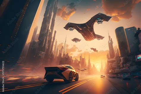 Futuristic Flying Aircraft Hovering Over A Future City With