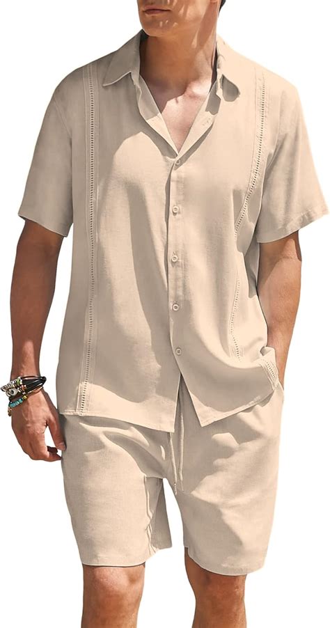 Coofandy Men Piece Linen Set Beach Guayabera Outfit Button Down Shirt