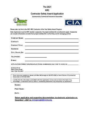 Fillable Online The 2021 NRC Contractor Safety Award Application Fax