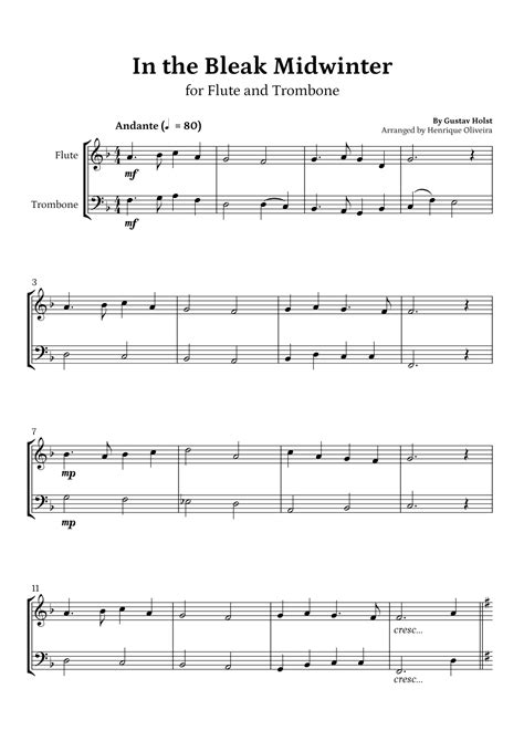 In The Bleak Midwinter Flute And Trombone Beginner Level Arr