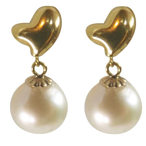 Modern 18k Yellow Gold Heart Shaped High Quality Round Pearl Earrings