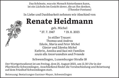 Traueranzeigen Von Renate Heidmann Saarbruecker Zeitung Trauer De