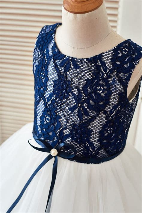 Navy Blue Lace Ivory Tulle Wedding Flower Girl Dress Curly Hem