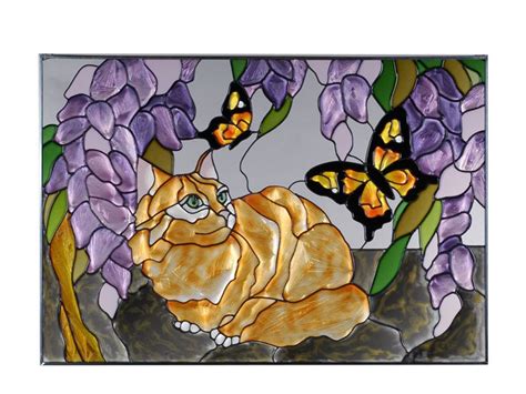 Tabby Cat And Yellow Butterfly Glass Window Art Stained Glass