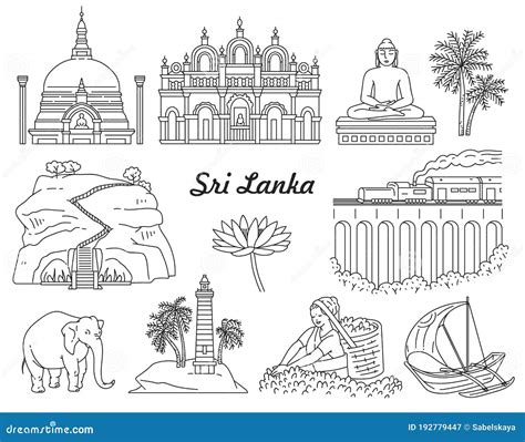 Sri Lanka Landmarks Icons Set In Black Line Sketch Vector Illustration