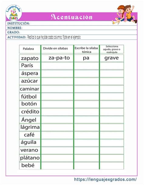 Acentuación Clasificación De Palabras Para Niños Con Ejercicios