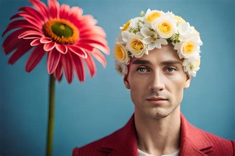 Premium Ai Image A Man With A Flower On His Head Is Wearing A Flower