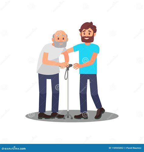 Young Guy Caring for Senior Man. Grandpa with Walking Stick and ...