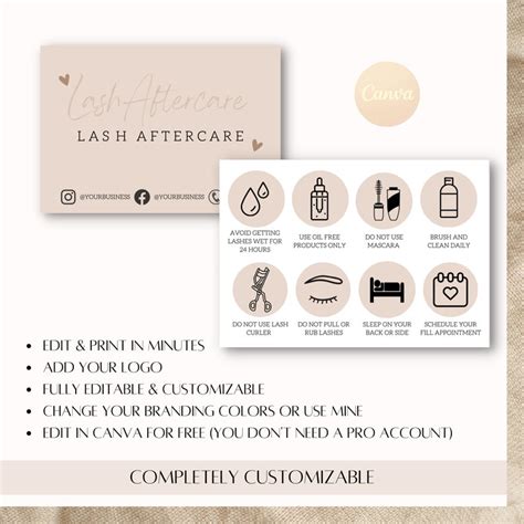 Editable Lash Aftercare Card Template Canva Lash Card Lash Extension