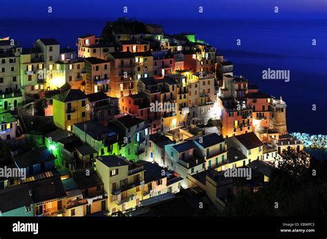 The village of Manarola and the sea at night, Manarola, Cinque Terre ...