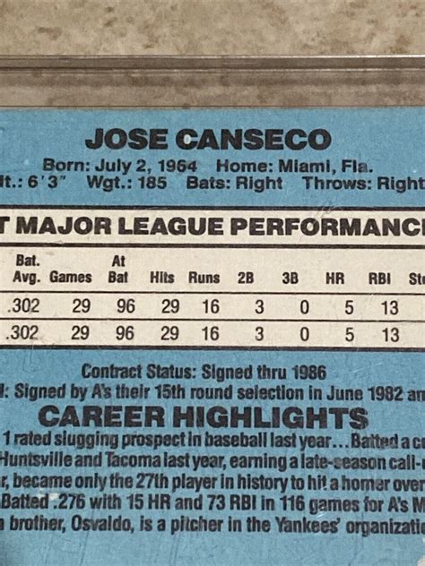 1986 Donruss Jose Canseco Of As 39 Rated Rookie RC Error Card EBay