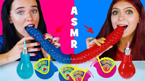 Asmr Pink Vs Blue Candy Race Gummy Roll Giant Gummy Worm Jello Shooter Youtube