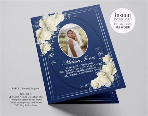 Page Elegant Navy Funeral Program Template Celebration Of Etsy Uk