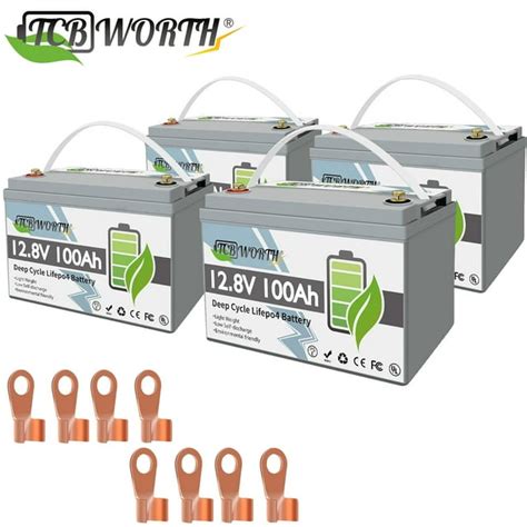 Tcbworth 4pack 12v 100ah Lifepo4 Lithium Battery With 100a Bms For Rv Solar Marine Golf Cart