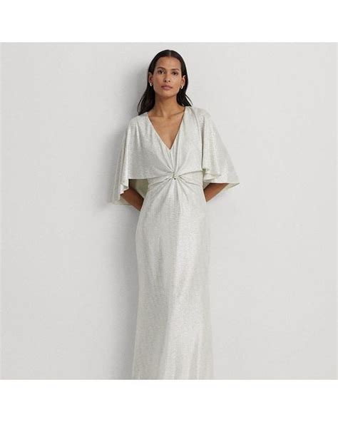 Lauren By Ralph Lauren Metallic Knit Twist Front Cape Gown In White Lyst