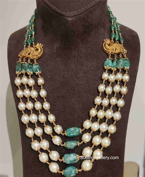 Pearl And Emerald Beads Mala With Peacock Side Pendants Indian