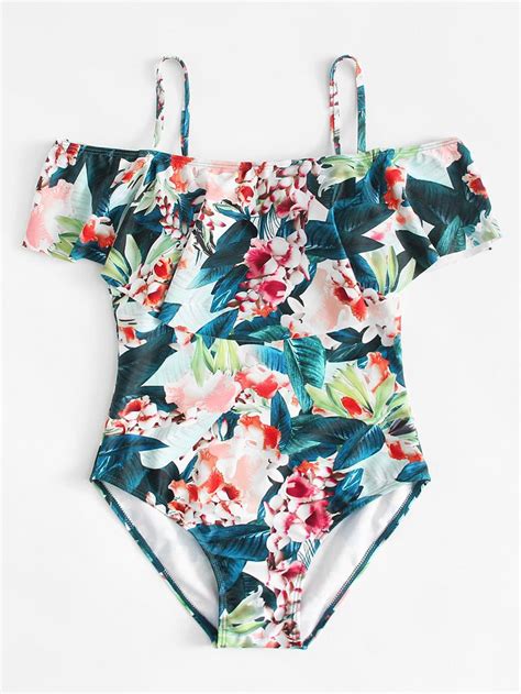 Flower Print Flounce Spaghetti Strap One Piece Swimsuit Flattering