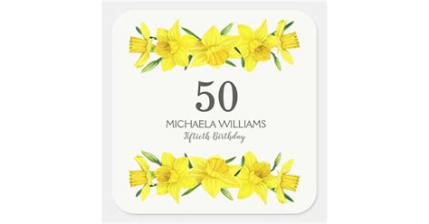 Yellow Watercolor Daffodil 50th Birthday Square Sticker Zazzle