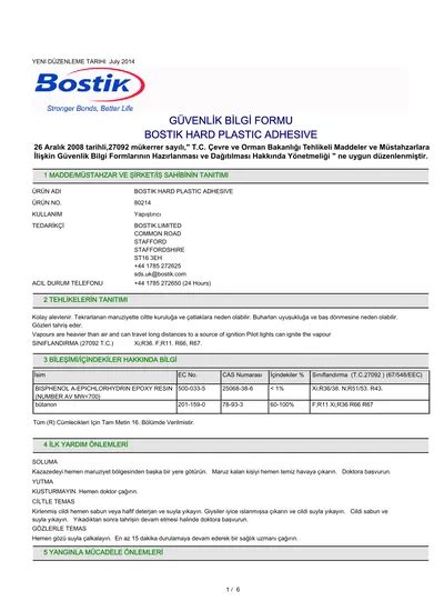 GÜVENLİK BİLGİ FORMU BOSTIK HARD PLASTIC ADHESIVE