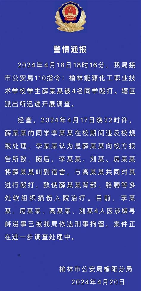 陕西榆林警方通报男生被同学殴打：4名打人者被刑拘 薛某某 李某某 调查