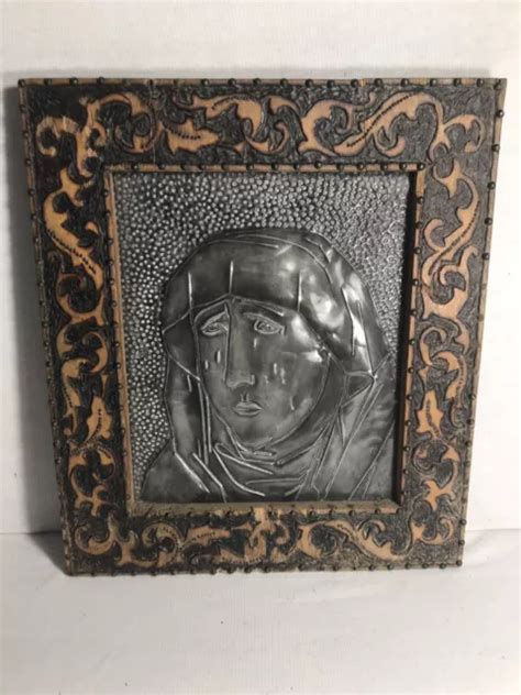 Tableau Ic Ne Vierge M Tal Repouss Cadre Bois Sculpt Sign Vintage