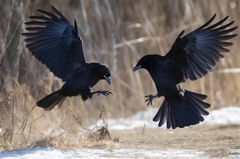 Premium Photo Two Crows Fight With Each Other In A Field