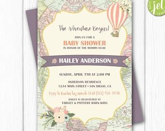 Adventure Baby Shower Invitation Hot Air Balloon Baby Shower Invite Travel Vintage Map