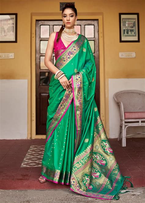 Rich Green Woven Banarasi Soft Silk Saree Urban Womania