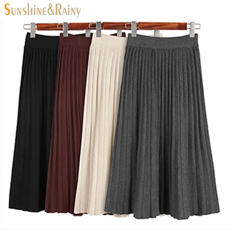 Autumn Winter Womens Elegant Knitted Pleated Skirts Slim Tight Hip Pencil Mid Skirt Ladies A