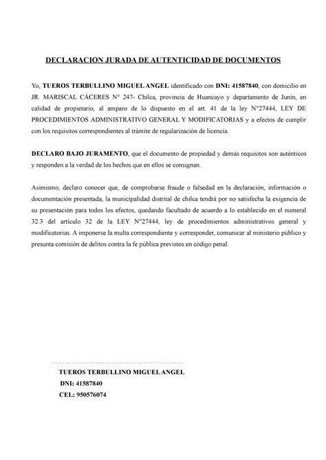 Declaraci N Jurada De Autenticidad De Documentos Declaraci N Jurada