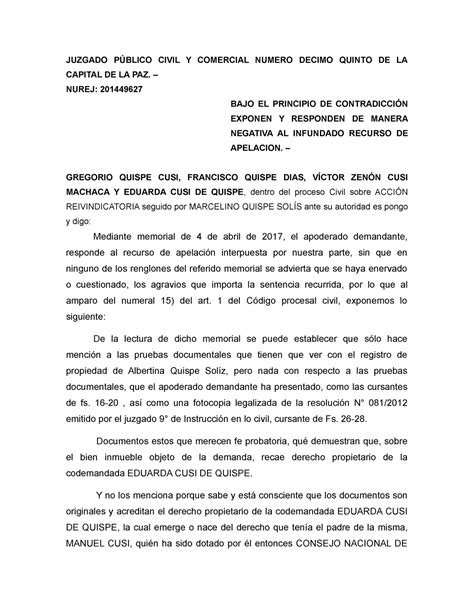 Respuesta Al R De Apelaci N P Ordinario Juzgado P Blico Civil Y