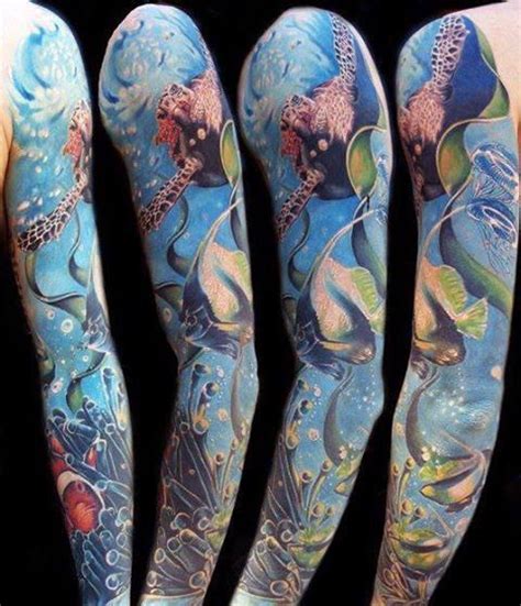 Three Different Colored Tattoos On The Arms And Legs With An Ocean