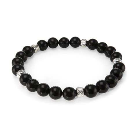 Bracelet Homme Onyx Mm Et Billes Stri Es En Acier Ref