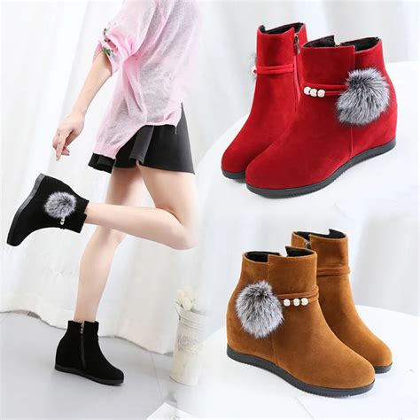 Boot Women Suede Hairball Round Toe Wedges Shoes Pure Color Zipper