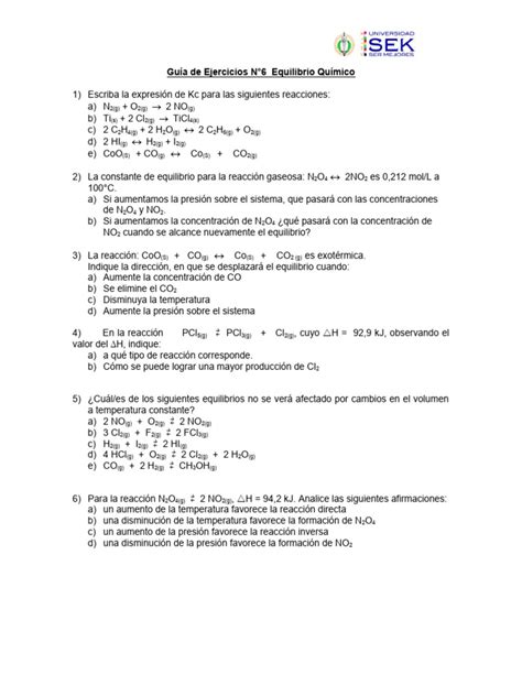 Guía 6 Equilibrio Químico 2024 Pdf