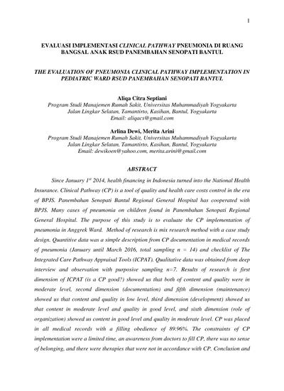 Evaluasi Implementasi Clinical Pathway Pneumonia Di Ruang Bangsal Anak