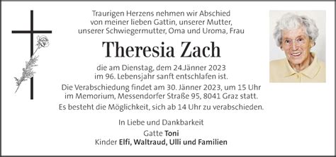 Traueranzeigen Von Theresia Zach Trauer Kleinezeitung At