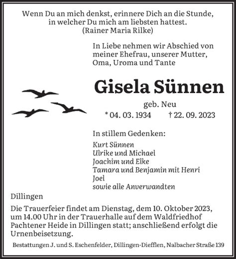 Traueranzeigen Von Gisela S Nnen Saarbruecker Zeitung Trauer De