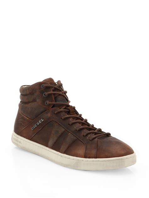 Lyst Diesel Riotness Vintage Leather And Suede Sneakers In Brown For Men