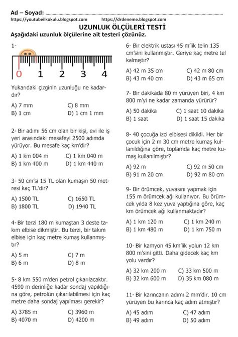 4 SINIF UZUNLUK ÖLÇÜLERİ TESTLERİ