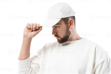 Handsome Man Wearing Blank White Cap On White Background Stock